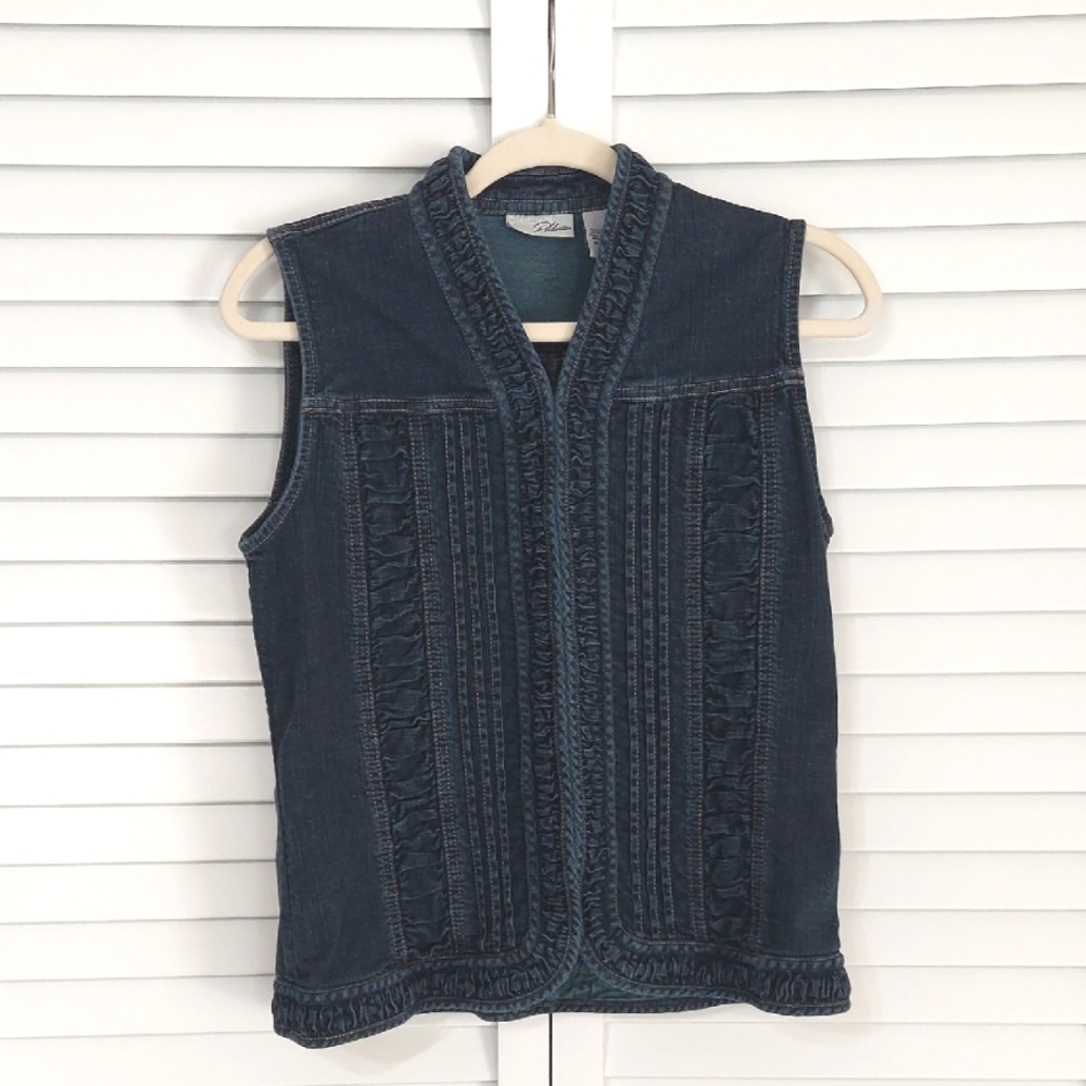 Chicos Platinum Denim Vest, Size S, Dark Blue Fitted Heavy Jean, Ruffles